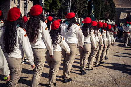 Bethlehem, West Bank, December 24, 2025 Palestinian scouts march in formation through the streets of...