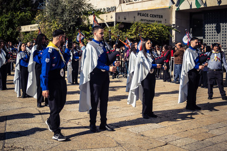 Bethlehem, West Bank, December 24, 2025 Palestinian scout marching band performs during the...