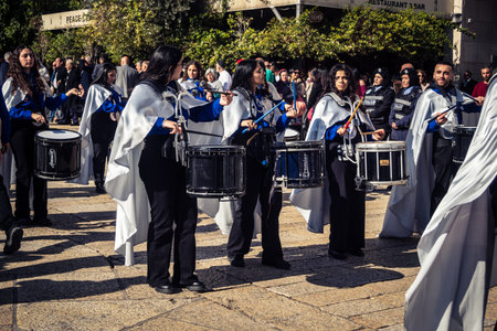 Bethlehem, West Bank, December 24, 2025 Palestinian scout marching band performs during the...