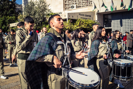 Bethlehem, West Bank, December 24, 2025 Close-up details of a Palestinian scout marching band during...
