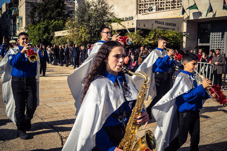 Bethlehem, West Bank, December 24, 2025 Close-up details of a Palestinian scout marching band during...