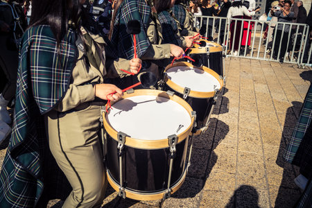 Bethlehem, West Bank, December 24, 2025 Close-up details of a Palestinian scout marching band during...