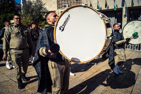 Bethlehem, West Bank, December 24, 2025 Close-up details of a Palestinian scout marching band during...