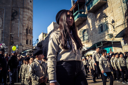 Bethlehem, West Bank, December 24, 2025 Close-up of a young Palestinian scout during the annual...