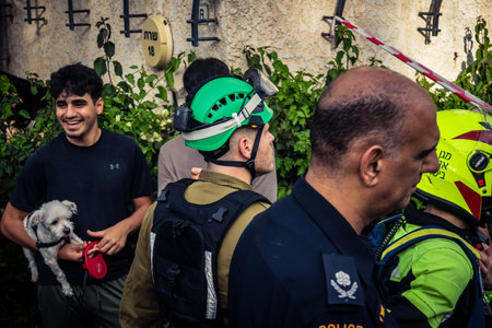 Tel Aviv, Ramat Gan, Israel, March 18, 2026 Emergency services including firefighters, paramedics,...