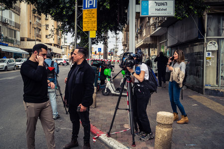 Tel Aviv, Ramat Gan, Israel, March 18, 2026 International news correspondents and camera crews from...
