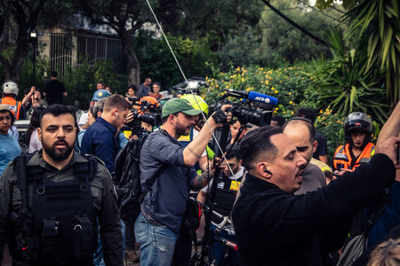 Tel Aviv, Ramat Gan, Israel, March 18, 2026 International news correspondents and camera crews from...