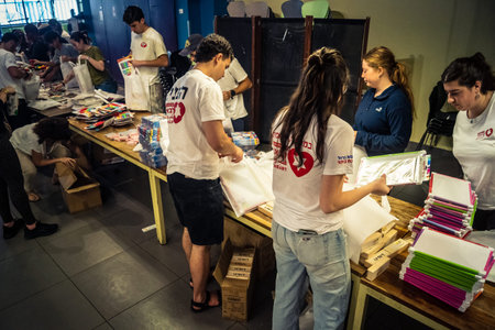 Tel Aviv, Israel,Â  March 5, 2026 Groups of young Israeli volunteers assemble and pack...