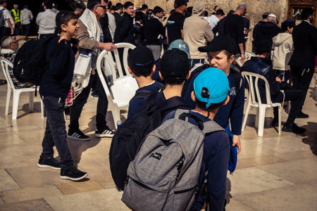 Jerusalem, Israel - February 18, 2026. Children standing at the Western Wall plaza, Jerusalem....