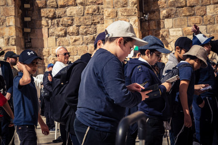 Jerusalem, Israel - February 18, 2026. Children standing at the Western Wall plaza, Jerusalem....