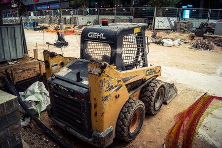 Tel Aviv, Israel, March 14, 2026 Construction equipment for the new tramway stands motionless during...