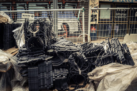 Tel Aviv, Israel, March 14, 2026 Construction equipment for the new tramway stands motionless during...