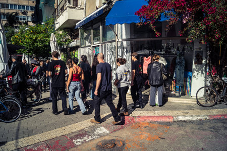 Tel Aviv, Israel, March 22, 2026 People rushing into a public bomb shelter or miklat and waiting...