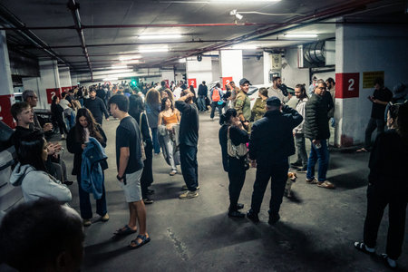 Tel Aviv, Israel, March 22, 2026 People rushing into a public bomb shelter or miklat and waiting...