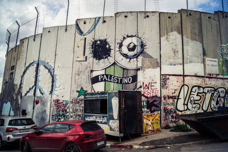 Bethlehem, West Bank, Palestine, March 23, 2026 Sharp coils of razor wire and heavy duty security...