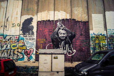 Bethlehem, West Bank, Palestine, March 23, 2026 Colorful and provocative political graffiti, murals,...