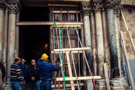 Jerusalem, Israel, 19 February 2026. Historic removal of the 3-ton Holy Sepulchre portal. First...