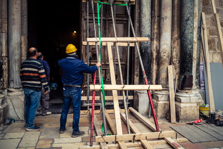 Jerusalem, Israel, 19 February 2026. Historic removal of the 3-ton Holy Sepulchre portal. First...
