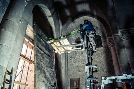 Jerusalem, Israel, 19 February 2026. Historic removal of the 3-ton Holy Sepulchre portal. First...