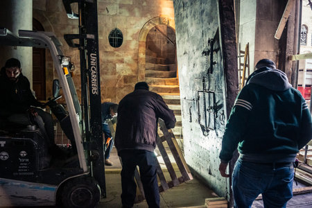 Jerusalem, Israel, 19 February 2026. Historic removal of the 3-ton Holy Sepulchre portal. First...