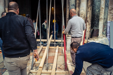 Jerusalem, Israel, 19 February 2026. Historic removal of the 3-ton Holy Sepulchre portal. First...
