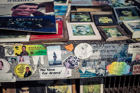 Tel Aviv, Israel, February 25 2026, public memorial site with portraits and tributes, a space of...