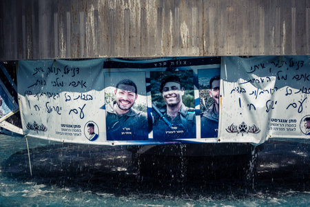 Tel Aviv, Israel, February 25 2026, public memorial site with portraits and tributes, a space of...
