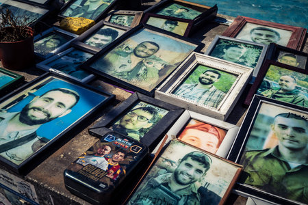Tel Aviv, Israel, February 25 2026, public memorial site with portraits and tributes, a space of...