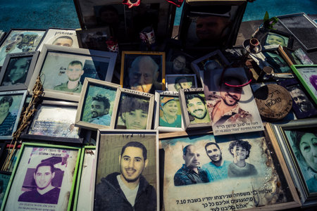 Tel Aviv, Israel, February 25 2026, public memorial site with portraits and tributes, a space of...
