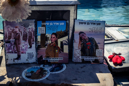 Tel Aviv, Israel, February 25 2026, public memorial site with portraits and tributes, a space of...