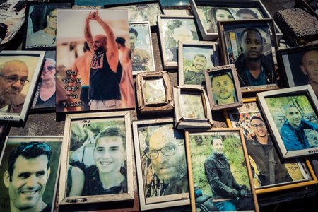 Tel Aviv, Israel, February 25 2026, public memorial site with portraits and tributes, a space of...