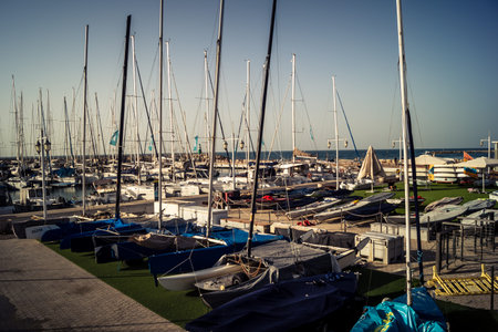 Tel Aviv, Israel, January 25, 2026 Marina with docks for sailboats located in the northern Tel Aviv promenade, overlooking the Mediterranean shore, lies the first and the largest marina in Israel.のeditorial素材