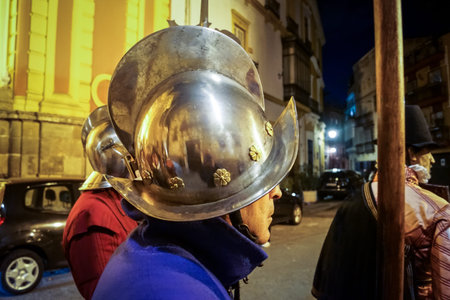 Seville, Spain, December 7, 2025 People in 16th century military uniforms of the The Spanish Tercios, participate in the mass for the Immaculate Conception at the Real Monasterio de San Leandro.のeditorial素材