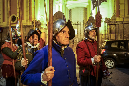 Seville, Spain, December 7, 2025 People in 16th century military uniforms of the The Spanish...