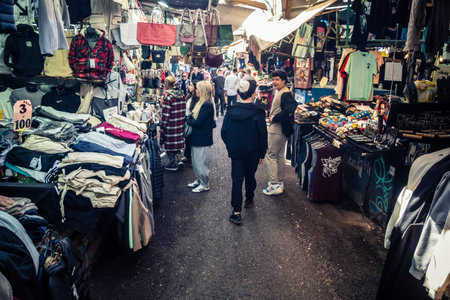 Tel Aviv, Israel, January 5, 2026 Daily life and morning bustle at the Carmel Market (Shuk HaCarmel), largest open-air marketplace. Local vendors and authentic street scenes in the heart of Tel Aviv.のeditorial素材
