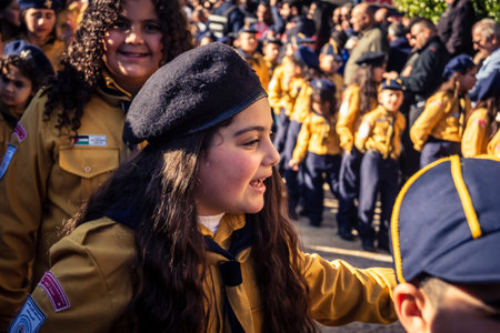 Bethlehem, West Bank, December 24, 2025 Close-up of a young Palestinian scout during the annual...