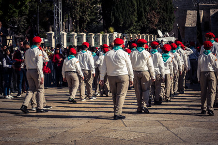 Bethlehem, West Bank, December 24, 2025 Palestinian scouts march in formation through the streets of...