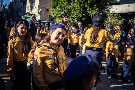 Bethlehem, West Bank, December 24, 2025 Young Palestinian scouts march in formation in the streets...