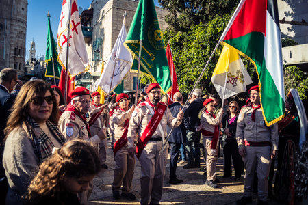 Bethlehem, West Bank, December 24, 2025 Palestinian scouts march in formation through the streets of...