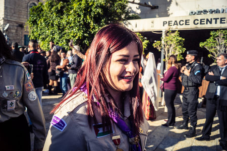 Bethlehem, West Bank, December 24, 2025 Palestinian scouts march in formation through the streets of...