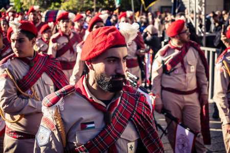 Bethlehem, West Bank, December 24, 2025 Palestinian scouts march in formation through the streets of...