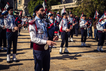 Bethlehem, West Bank, December 24, 2025 Palestinian scout marching band performs during the...