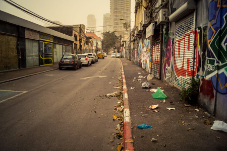 Tel Aviv, Israel, March 14, 2026 A thick layer of desert sand and dust blankets the streets during a...