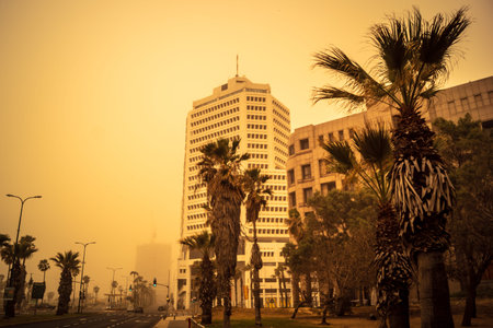 Tel Aviv, Israel, March 14, 2026 A thick layer of desert sand and dust blankets the streets during a...