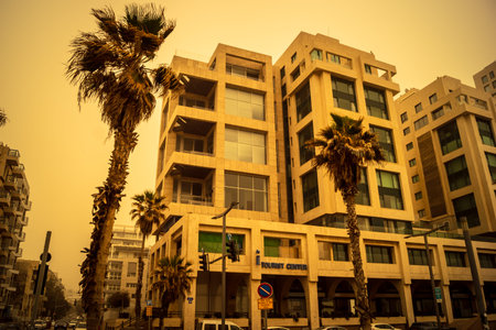 Tel Aviv, Israel, March 14, 2026 A thick layer of desert sand and dust blankets the streets during a Sharav atmospheric phenomenon, creating a surreal orange glow and reducing visibility across the metropolitan area.のeditorial素材