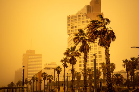 Tel Aviv, Israel, March 14, 2026 A thick layer of desert sand and dust blankets the streets during a Sharav atmospheric phenomenon, creating a surreal orange glow and reducing visibility across the metropolitan area.のeditorial素材
