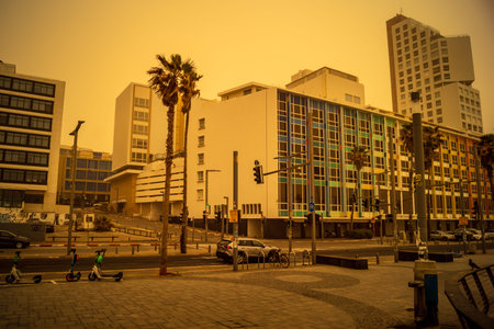 Tel Aviv, Israel, March 14, 2026 A thick layer of desert sand and dust blankets the streets during a...