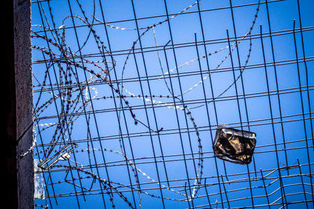 Hebron, West Bank, Palestine, March 28, 2026 Metal nets and fencing are stretched high above the narrow Palestinian commercial streets in the historic old city of Hebron. These installations serve as essential protection for local residents and shoppers aのeditorial素材