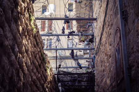 Hebron, West Bank, Palestine, March 28, 2026 Metal nets and fencing are stretched high above the narrow Palestinian commercial streets in the historic old city of Hebron. These installations serve as essential protection for local residents and shoppers aのeditorial素材