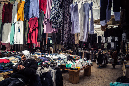 Hebron, West Bank, Palestine, March 25, 2026 Exploring the vibrant and diverse stalls of a traditional Palestinian market in the historic old city of Hebron. This bustling trade hub offers a wide array of essential consumer goods, ranging from rows of modのeditorial素材